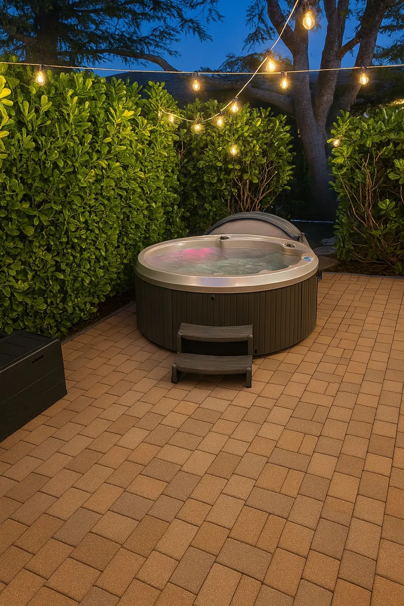 Private hot tub glowing under string lights at the Gulf Direct home
